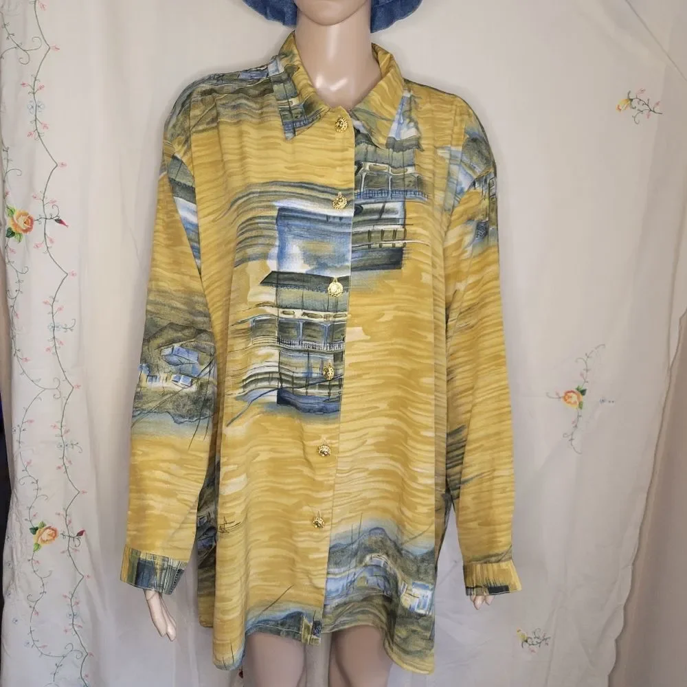 Vintage Wild Thyme oversized long sleeve printed button down shirt. - Picture 10 of 14